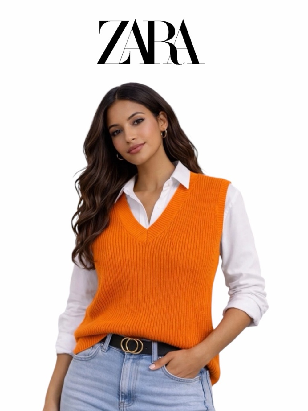 Zara Bright Orange‎ Ribbed V-Neck Sweater  Vest - Size S